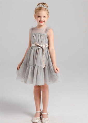 Baby Dress Elegant Tulle Dress With Bow Belt A-Line Flower Girls Dresses 